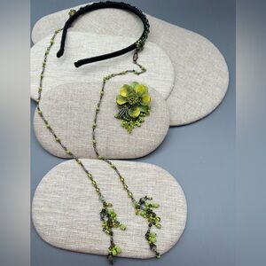 Colleen Toland Green Handmade Beaded Headband Brooch Set Fairycore Cottagecore